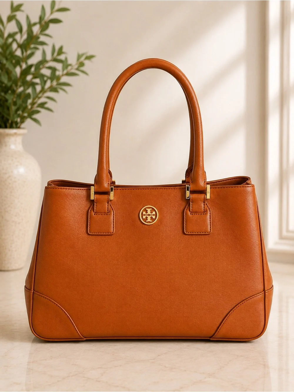 Tory Burch Robinson Cognac Saffiano Leather Tote Shoulder Bag Work tote